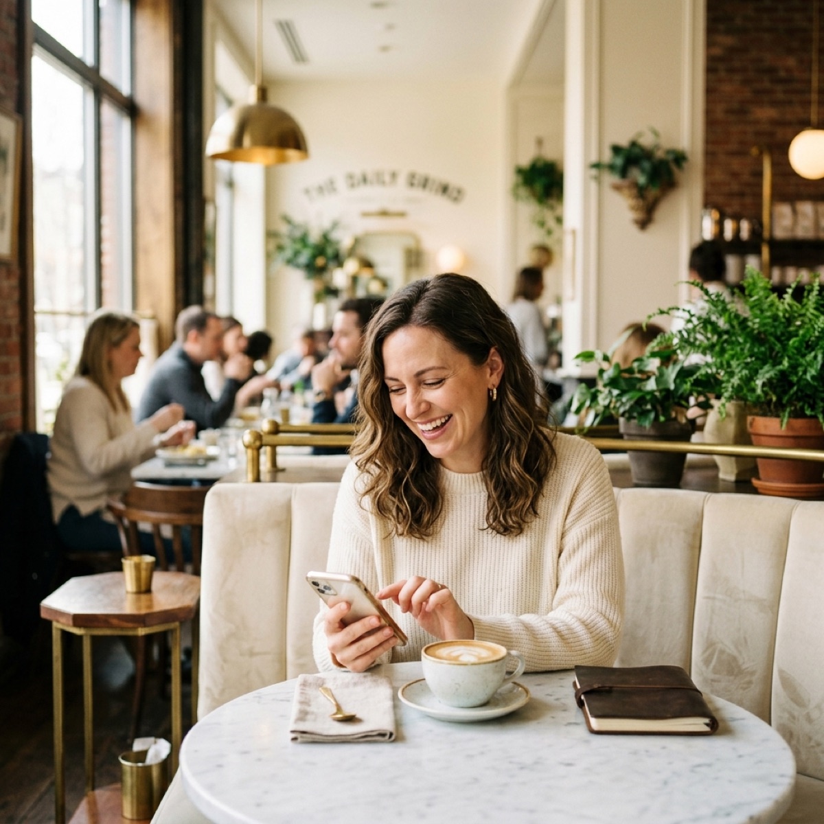 Illustrative photo: a woman booking an appointment on her phone