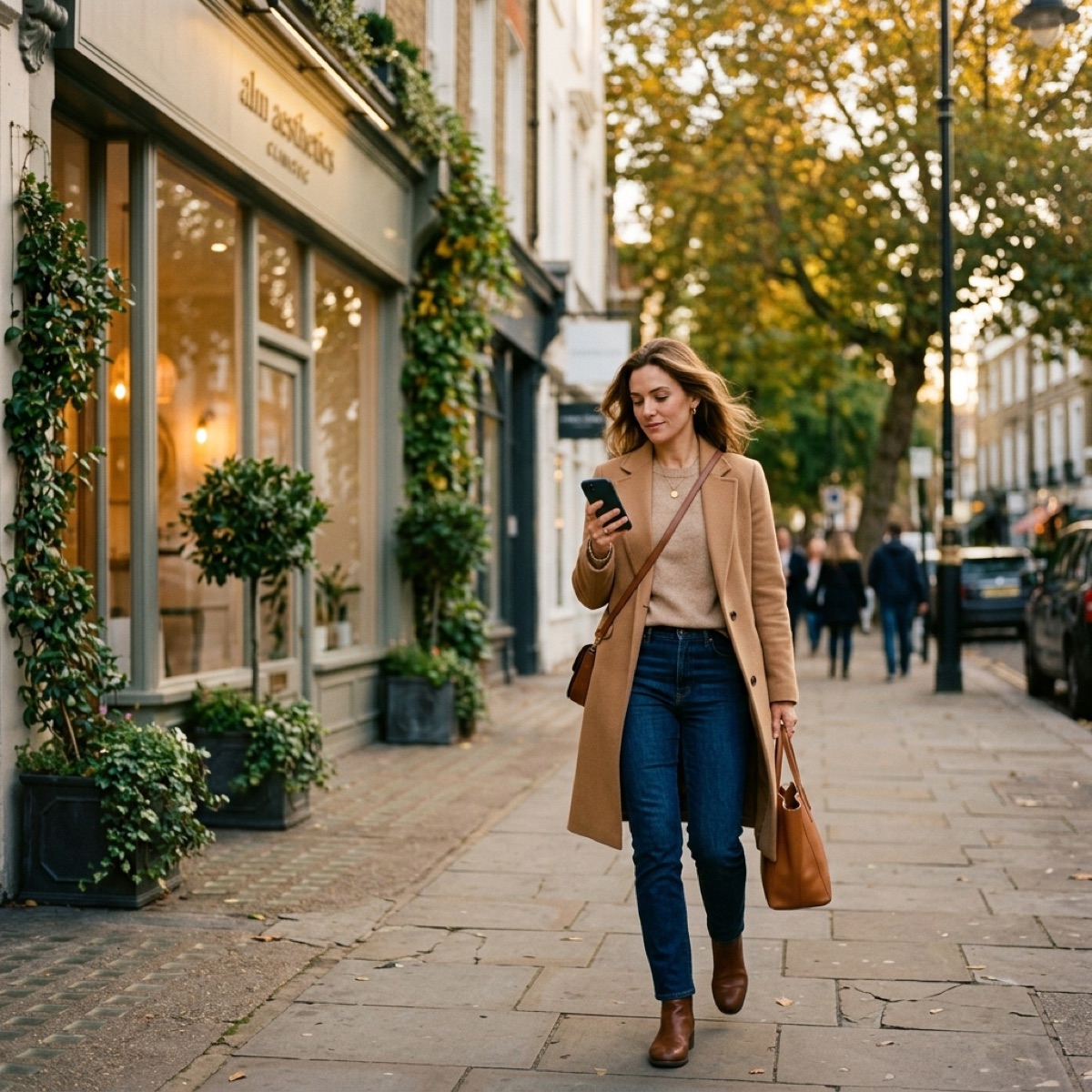 Illustrative photo: a woman following map directions on a high street