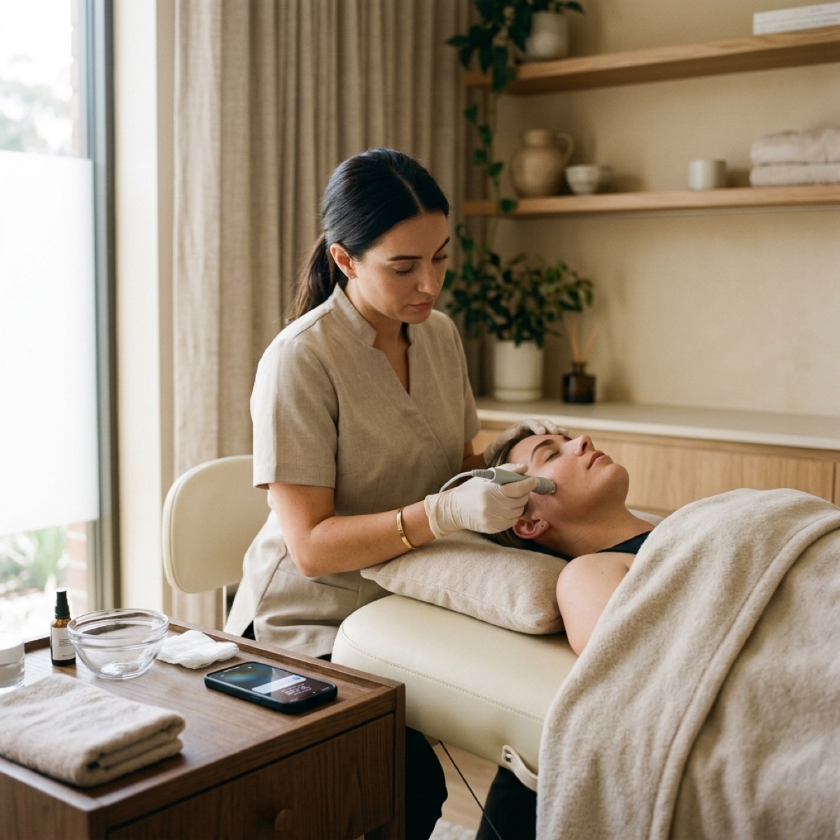 Illustrative photo: a practitioner mid-treatment while a message arrives